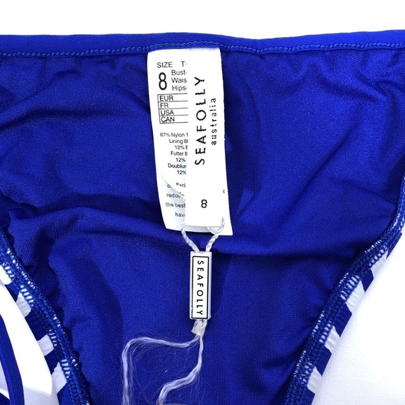 SEAFOLLY Australia Blue White Tidal Wave Stripe Lace String Tie Bikini Bottom 8 - Picture 6 of 7